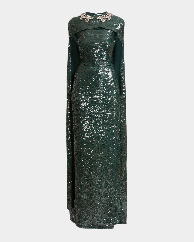 Crystal Sequined Cape Gown